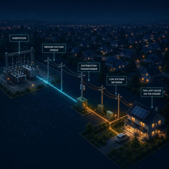Issue #010 cover - a low-voltage feeder at night, from substation to the last house on the line