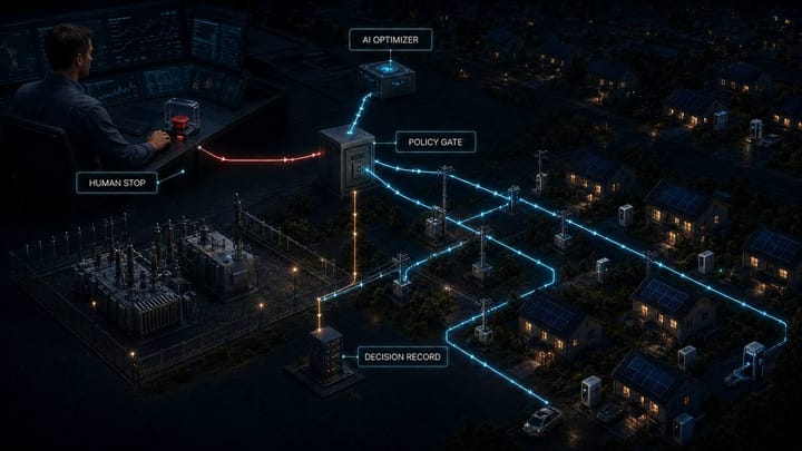 Rooftop solar homes at night connected to a control room where a human operator oversees automated dispatch, with a stop button and decision record