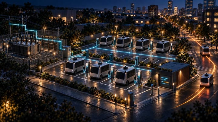 Night view of a robotaxi charging depot: autonomous shuttle pods at charging posts, fed from a fenced substation with transformers, a small control building, city skyline behind